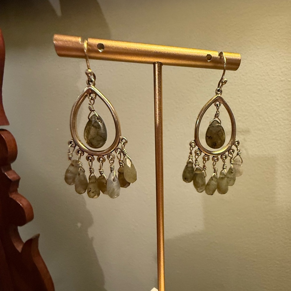 Vintage Antique Gold and Gray/Green Chandelier Teardrop Earrings - Picture 5 of 7